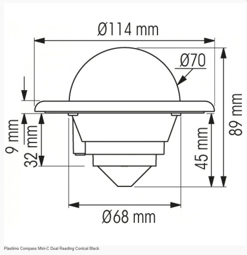 Plastimo Compass Mini-C Dual Reading Conical BK dimensions drawing