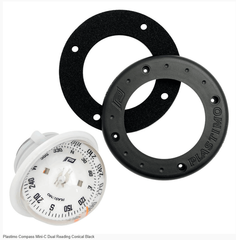 Plastimo Compass Mini-C Dual Reading Conical BK with mounting rings and gimbal design for dinghy sailing and powerboating.