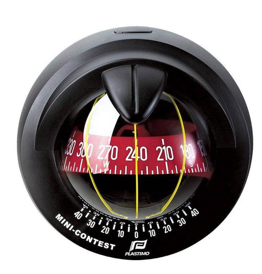 Plastimo Mini Contest BulkheadMount Compass Blk showing 70 mm card for boats 19-34 ft with clear heading numerals.