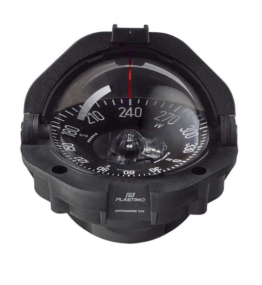 Plastimo Offshore 105 Compass- Zone C flat card compass designed for powerboats 5-9m range, black body with graduations.