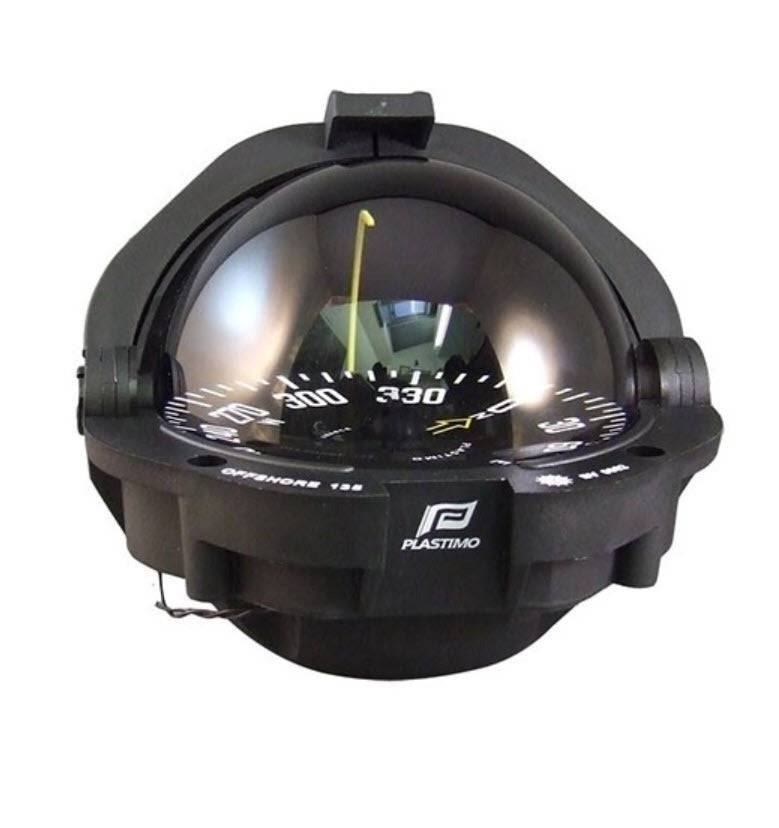Plastimo Offshore 135 Flush Mount Compass Black displayed with protective hood and clear dome.