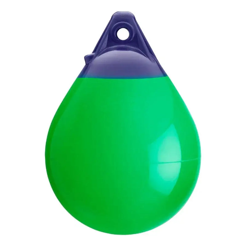 Polyform Windy A1 300x390mm Green buoy featuring tough vinyl construction and blue rope hole.