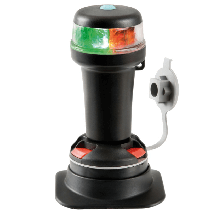 Portable Bi-Colour Navigation Light showcasing its compact and waterproof design for enhanced visibility at sea.