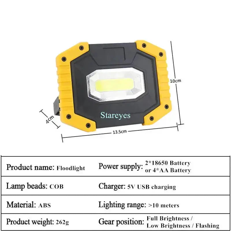 20W Rechargeable COB LED Floodlight Portable Outdoor Torch with Optional 18650 Battery by Habicare