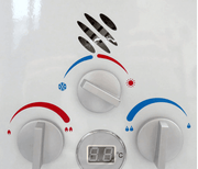 Portable Gas Califont Hot Water Heater control panel with temperature gauge and knobs for heat adjustment.