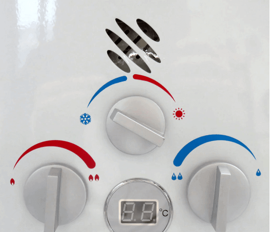 Portable Gas Califont Hot Water Heater control panel with temperature gauge and knobs for heat adjustment.