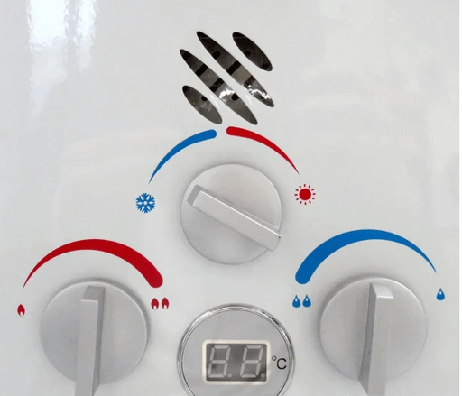 Portable Gas Califont Hot Water Heater control panel with temperature gauge and knobs for heat adjustment.