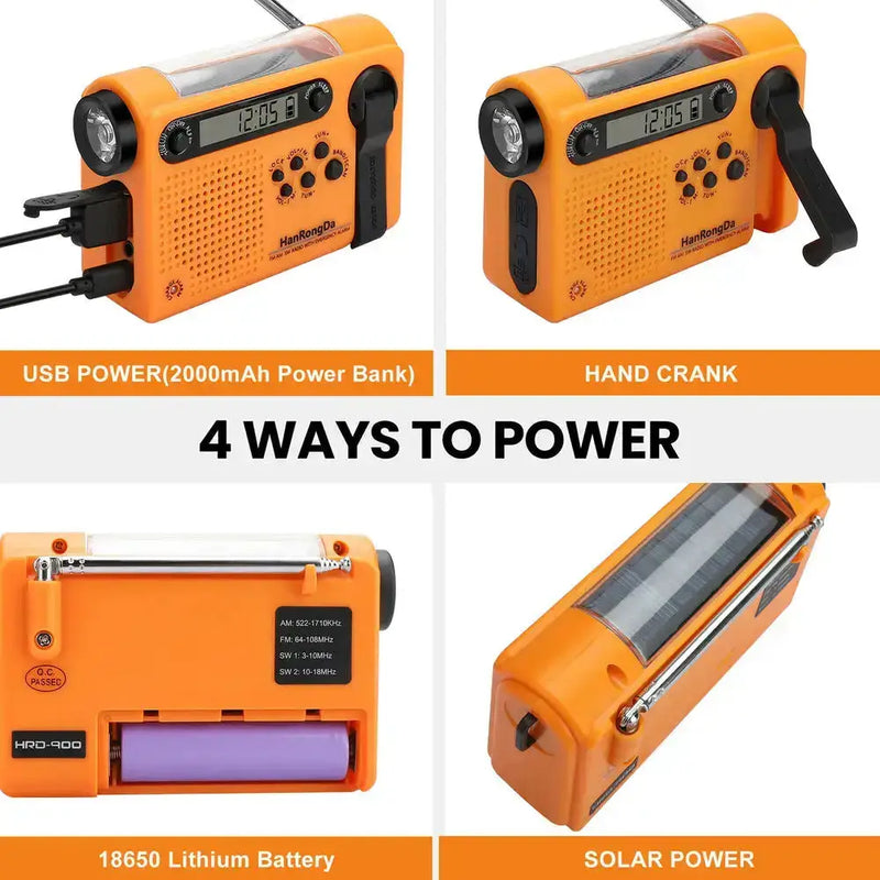 Portable Solar Hand Crank Radio with Power Bank & Flashlight by Habicare