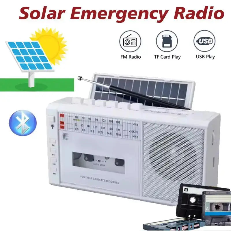 Habicare Portable Retro Solar Emergency Radio with Bluetooth, Cassette Player & AM/FM/SW Radio Portable Retro Solar Emergency Radio with Bluetooth, Cassette Player & AM/FM/SW Radio