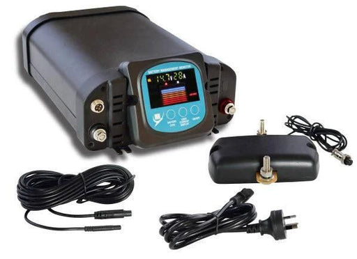 Multi-Input Battery Charger with digital display and various cables for efficient charging solutions.