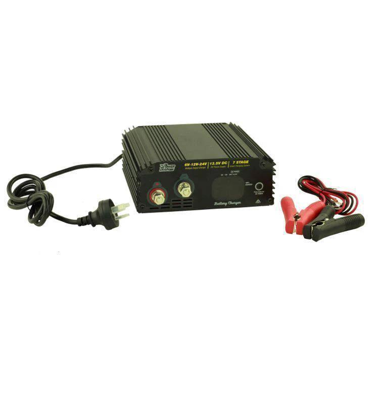 PowerTrain Charger 40 Amp 6/12/24V 8Stage battery charger with automatic voltage selection and leads.