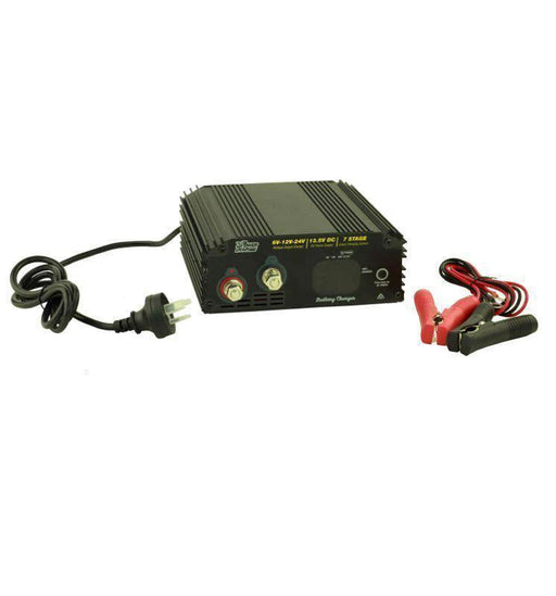 PowerTrain Charger 40 Amp 6/12/24V 8Stage battery charger with automatic voltage selection and leads.