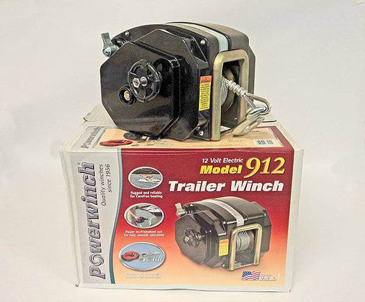 Powerwinch 912 2023 model max 11,500 lbs on display, featuring a 12 Volt Electric Trailer Winch design.