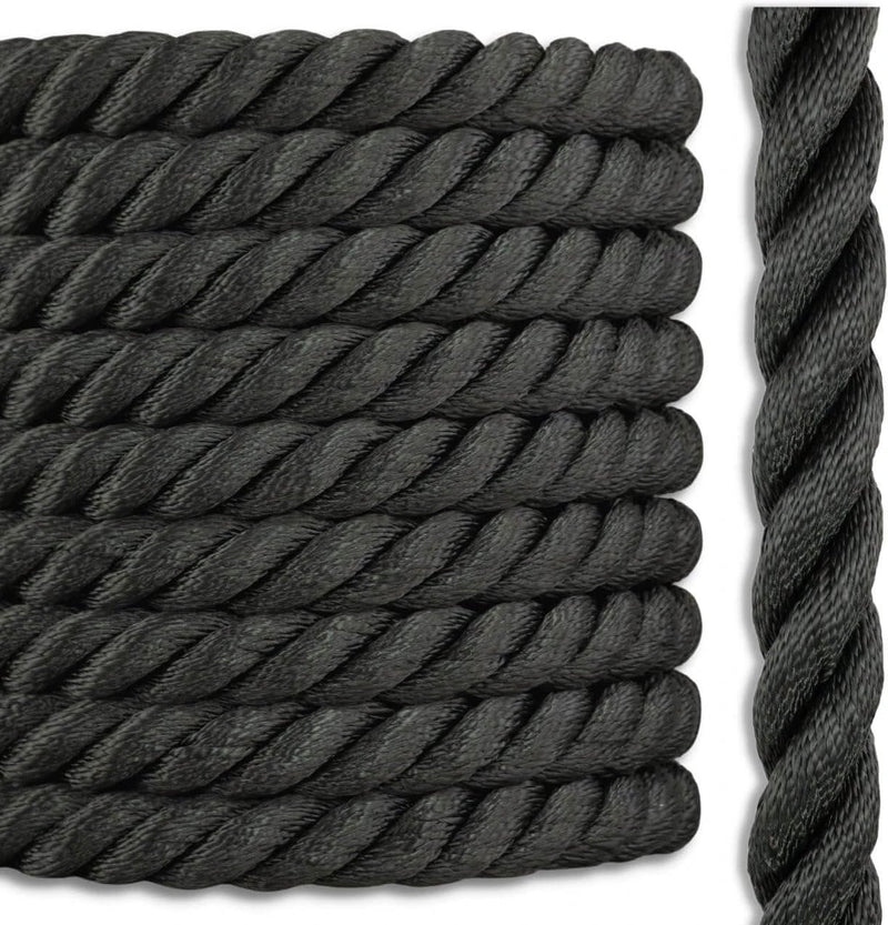 Powerdan 3-strand 220m Rope close-up showing the durable black twisted strands for heavy-duty use.