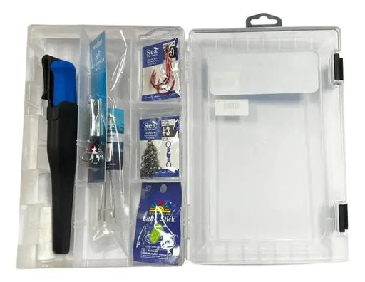 Pre Packed Surfcasting Tackle Box with bait knife, hooks, swivels, lure, cotton, glow sticks, and sinker.