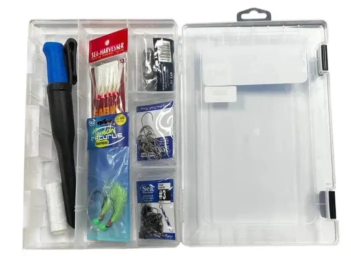 Pre Packed Wharf Tackle Box showing contents including bait knife, hooks, and fishing gear organized inside.