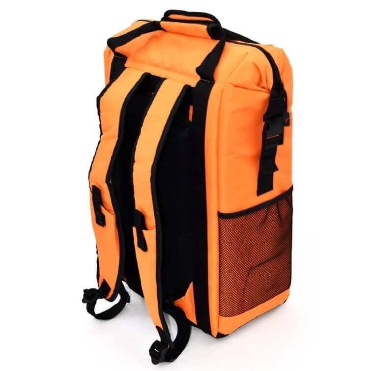 Precision Pak Glacier Cooler Backpack 24 30L Orange side view featuring bold orange fabric and adjustable straps.