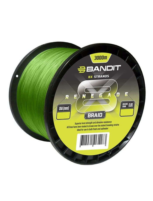 Premium braided fishing line 3000m Bandit Renegade X8 Braid in vibrant green color on a spool.