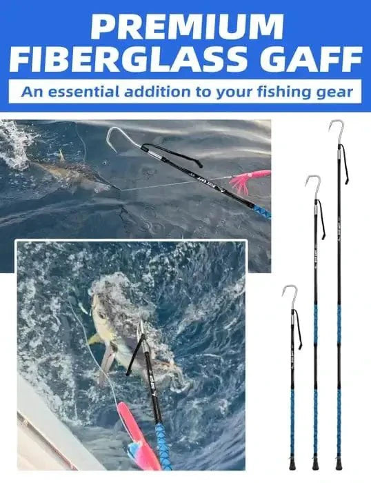 Premium Fibreglass Gaffs displayed with fish catch, essential for your fishing gear.