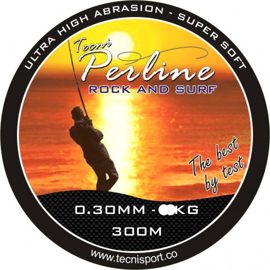 Tecni-Perline High Abrasion Rock and Surf 300m Spools packaging with fishing silhouette and sunset background.