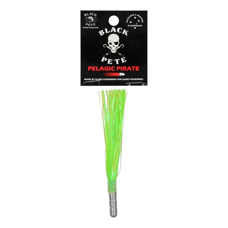 Black Pete Pelagic Pirate Flash 4 inch Lure featuring vibrant green skirt for pelagic fishing.