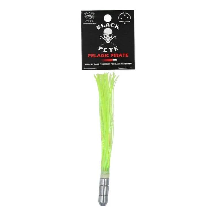 Black Pete Pelagic Pirate Flash 5.5" Lure with neon green skirt for bluewater fishing. Ideal for pelagic species.
