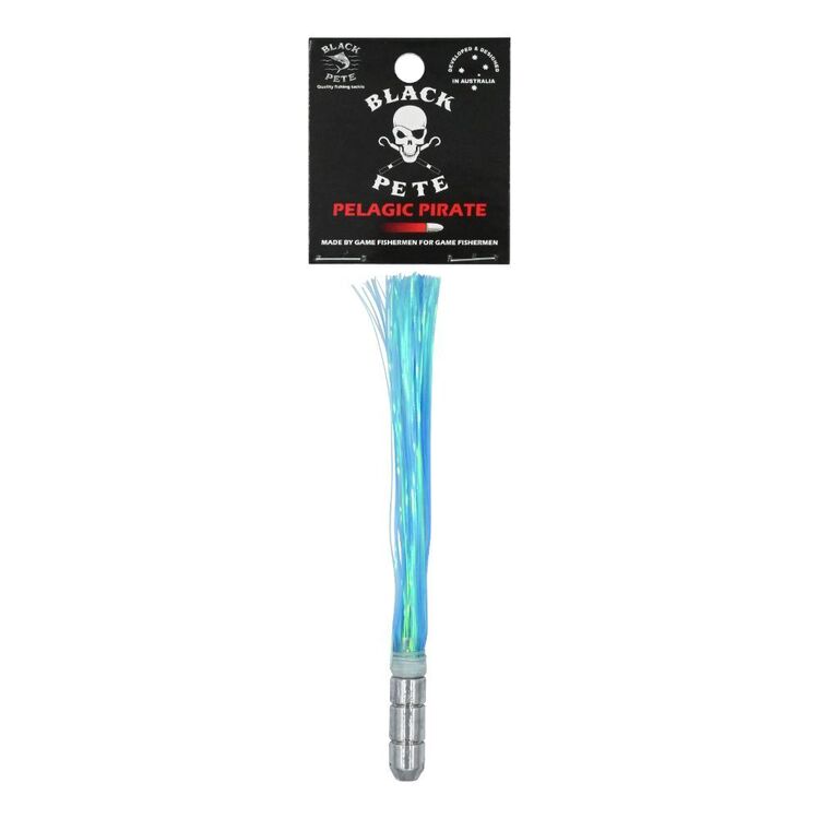 Black Pete Pelagic Pirate Flash 5.5" Lure packaging with vivid blue and green skirt material for fishing.