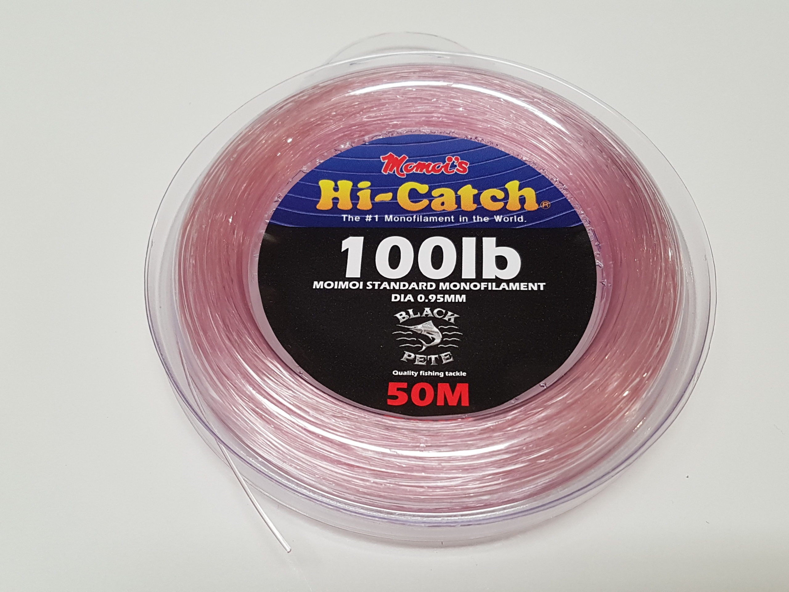 Momoi Standard Pink Monofilament Leader 50M in packaging, showcasing premium fishing line quality.