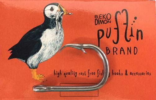 Beko Puffin Stainless Steel Long Line Hooks Size 16 17 18 100PCS packaging with puffin illustration.