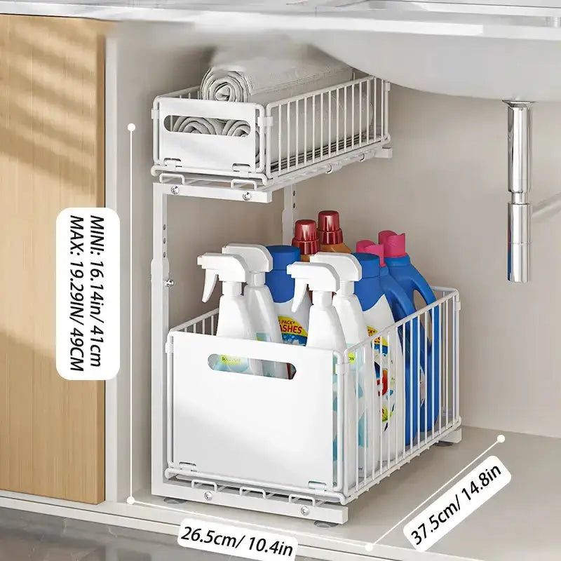 Pull-Out Under Sink Organizer – 2-Tier Adjustable Sliding Shelf (Black & White) by Habicare