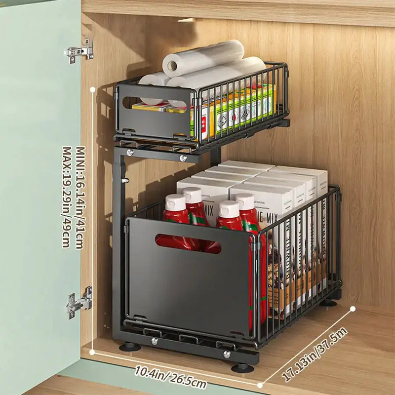 Pull-Out Under Sink Organizer – 2-Tier Adjustable Sliding Shelf (Black & White) by Habicare