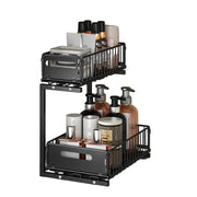 Pull-Out Under Sink Organizer – 2-Tier Adjustable Sliding Shelf (Black & White) by Habicare