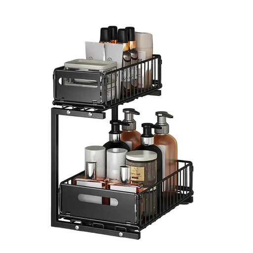 Pull-Out Under Sink Organizer – 2-Tier Adjustable Sliding Shelf (Black & White) by Habicare