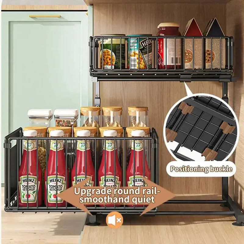Pull-Out Under Sink Organizer – 2-Tier Adjustable Sliding Shelf (Black & White) by Habicare