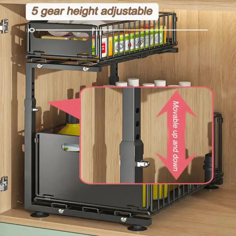 Pull-Out Under Sink Organizer – 2-Tier Adjustable Sliding Shelf (Black & White) by Habicare