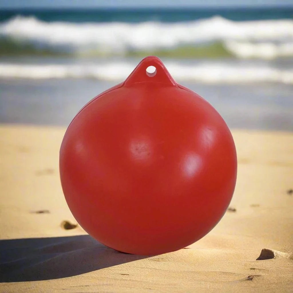 5.5-inch Round Buoy PVC in red color on beach sand with ocean waves in the background.
