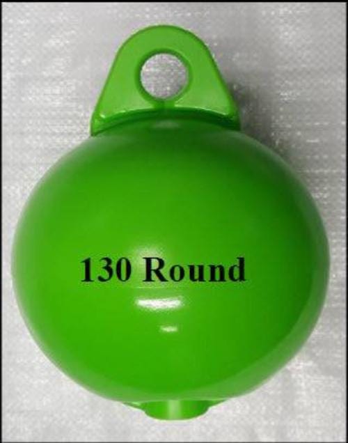 5.5-inch Round Buoy PVC in bright green color, commercial marine-grade for crayfishing, showing round design and attachment.
