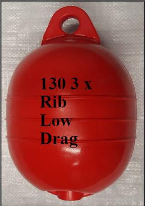 Buoy 3 RIB Low Drag 6 Colour Choices - Red 130mm x 210mm Commercial Marine Grade Buoy with 3 RIB low drag design.