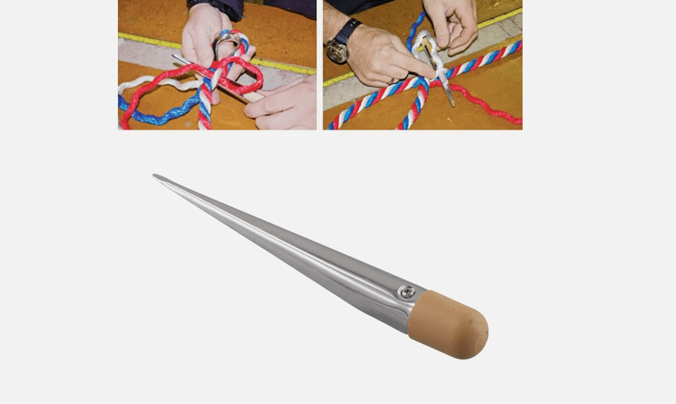 Splicing Fid 178MM S/S SMALL, stainless steel tool for splicing ropes with wooden handle, ideal for rope work.