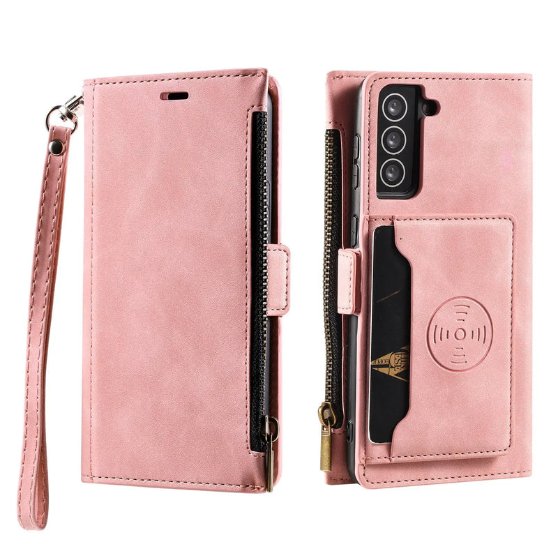 Samsung S21 Wallet Case Pink PU Leather Dual Layer Card Slots