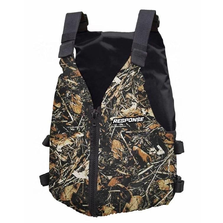 MF50 Adult Kayak 40Kg plus Life Jacket Camo in camo pattern with zipper and straps for safety.