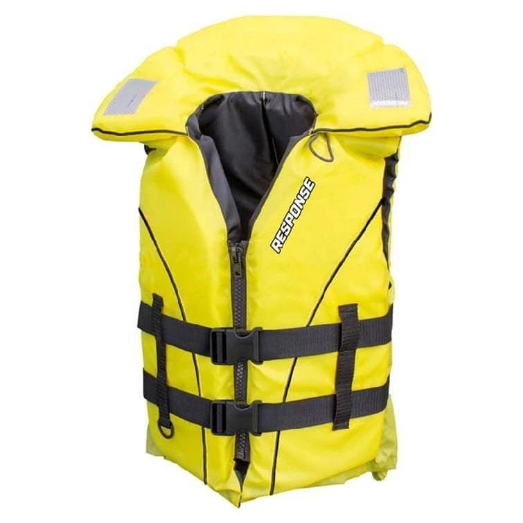 Response P100 XS-S Adult 40-60Kg Yellow life jacket featuring hi-visibility color and safety features.