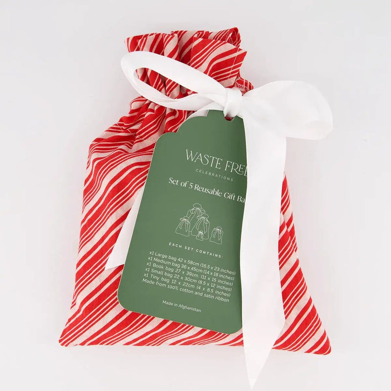 Waste Free Celebrations Fabric Gift Bags Candy Cane (Reusable Gift Bag Set) Candy Cane (Reusable Gift Bag Set)