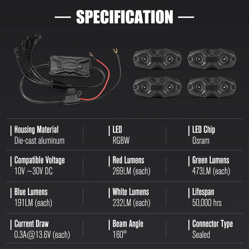 LIGHTFOX RGBW LED Rock Lights - 4 Pack by Kiwi Offroad