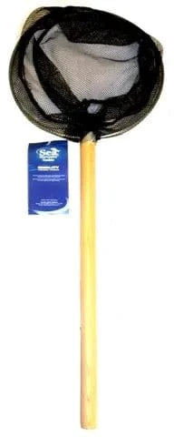 Rock Pool Net Small (Ring 200mm Handle 350mm) with nylon mesh bag and wooden handle for catching fish.