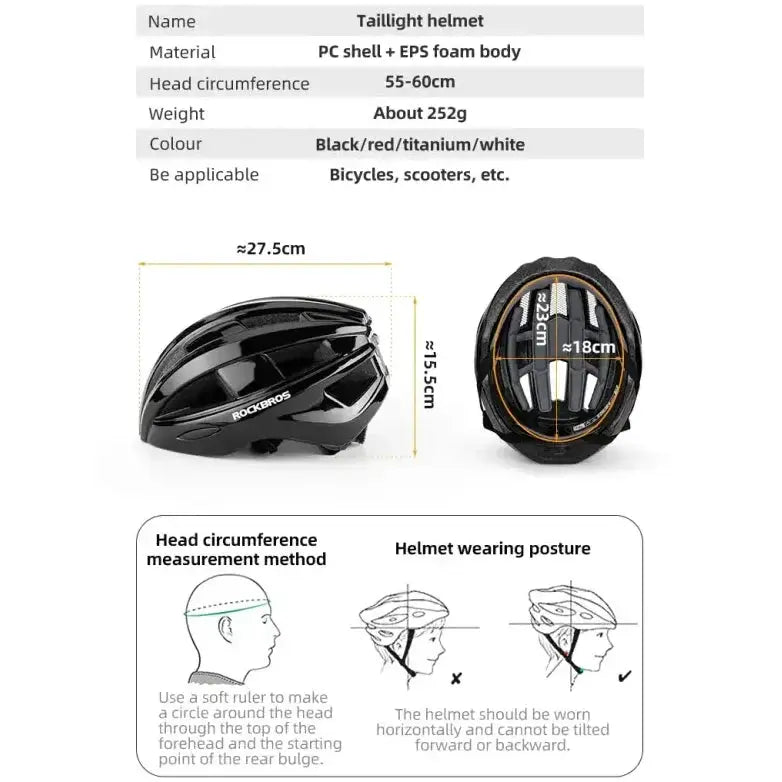 Rechargeable LED Bicycle Helmet with Rear Light (different colours available) by Habicare