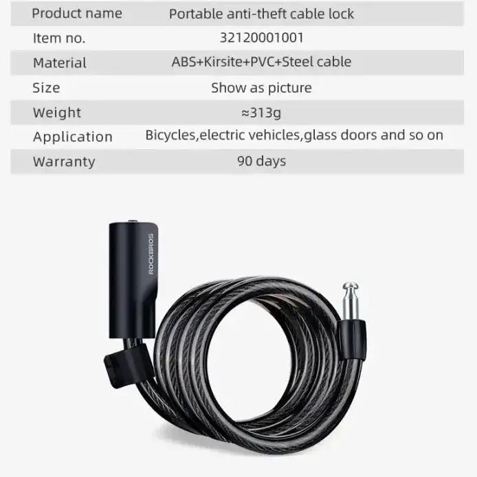 Portable Zinc Alloy Bicycle Cable Lock with Keys by Habicare