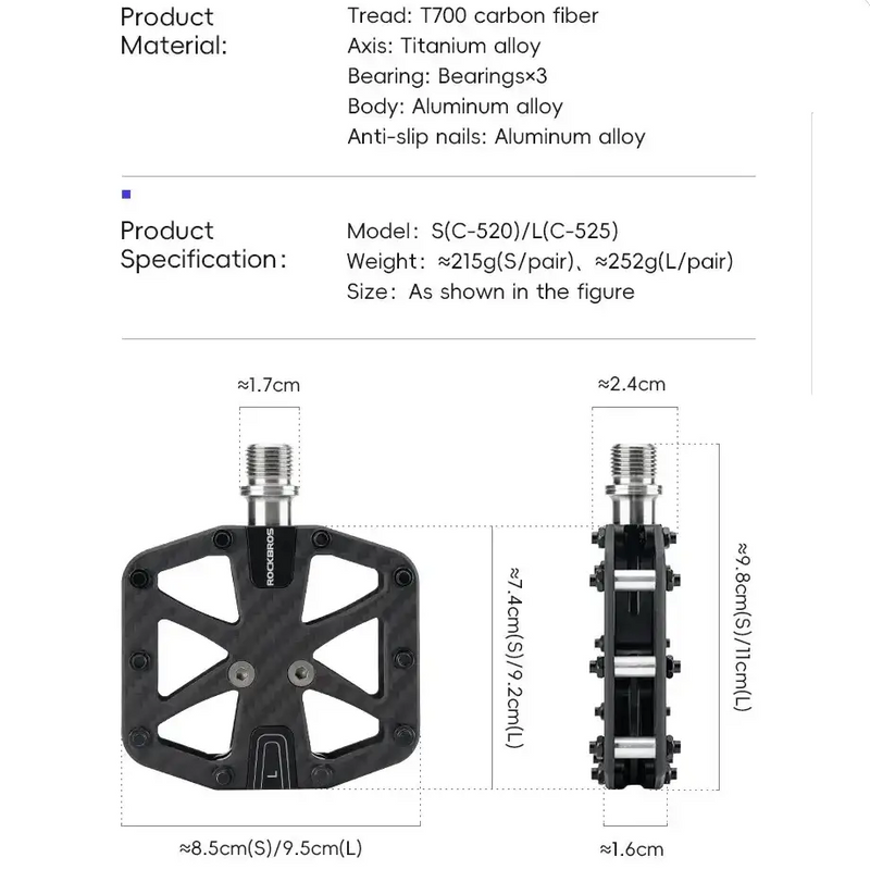 Rockbros 3-Bearing Carbon Fiber Bike Pedals, Ultra-Light Anti-Slip MTB & Road Cycling Pedals by Habicare
