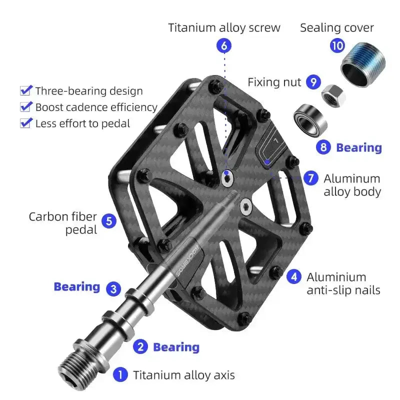 Rockbros 3-Bearing Carbon Fiber Bike Pedals, Ultra-Light Anti-Slip MTB & Road Cycling Pedals by Habicare