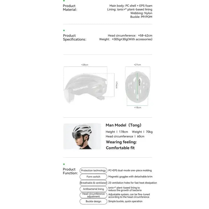 Habicare Adjustable Cycling Helmet 58–62cm with Integrated Magnetic Goggles Adjustable Cycling Helmet 58–62cm with Integrated Magnetic Goggles